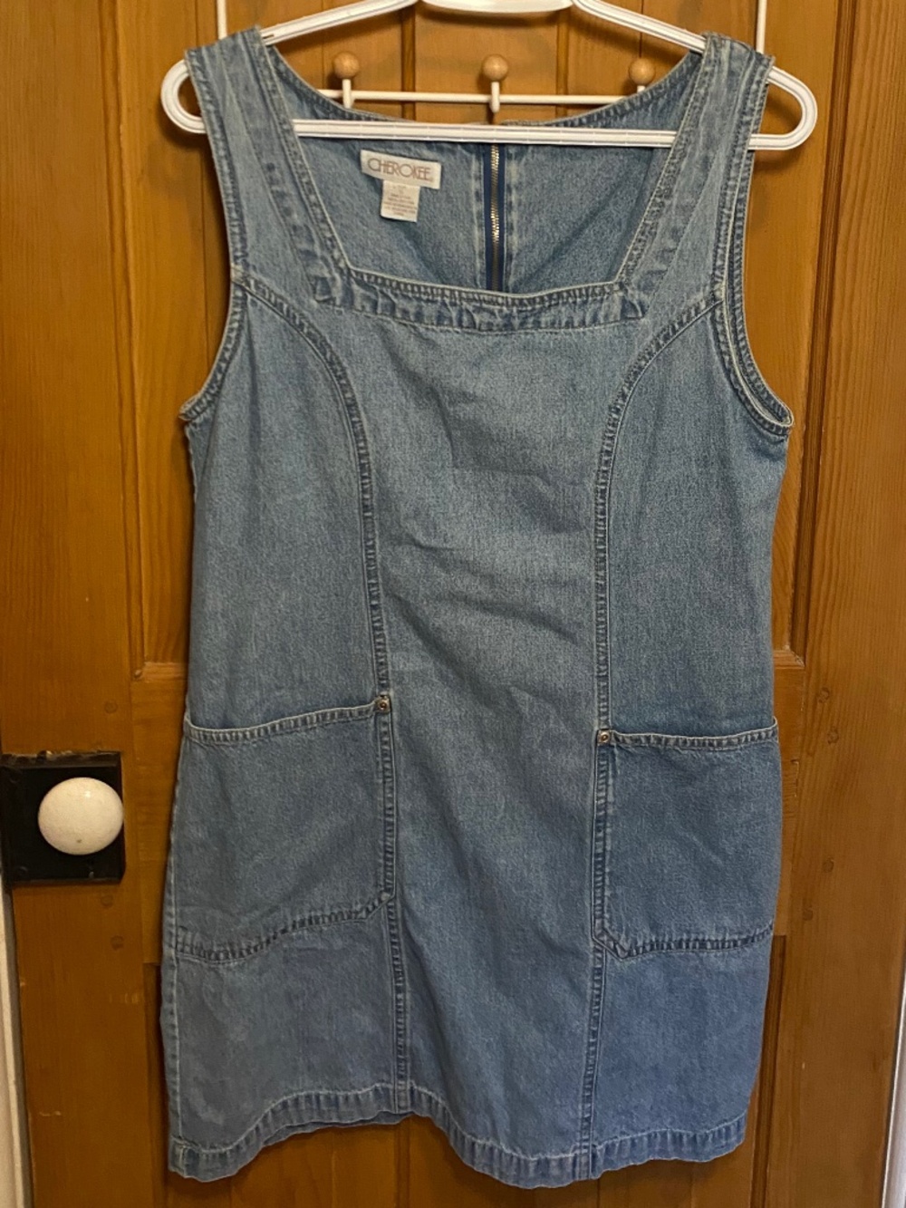 Vintage 90s Cherokee Pinafore/Overall Light Blue Denim Midi Dress (Size Small)